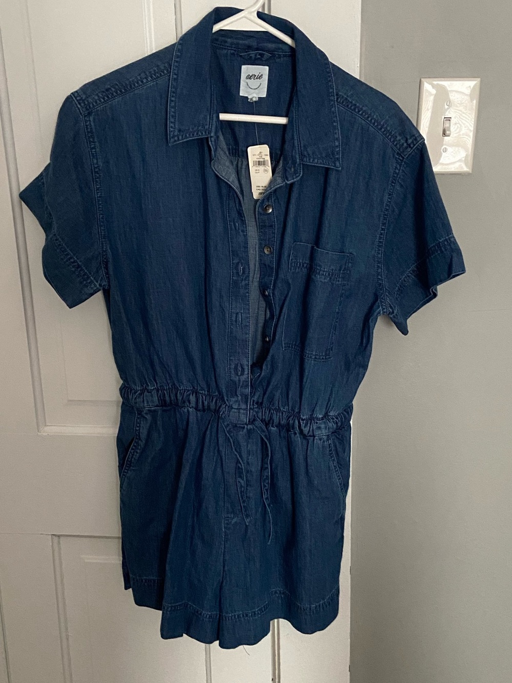 aerie Dark Blue Denim Short-Sleeve One-Piece Romper